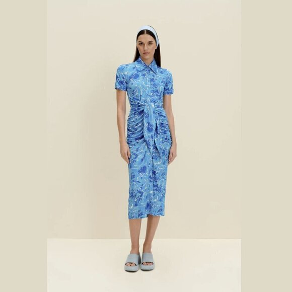 Stretchy Jersey Shirt Midi Dress - Ruched Bodycon Pool Water Print Summer Beach - Picture 2 of 15